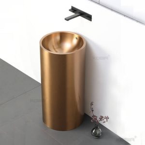 Bathroom Stainless Steel Pedestal Sink 16”X33” Round Freestanding Handmade Brushed Lavatory Sink  CS-012