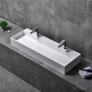 Double Bathroom Sink 47 Inch Wall Mounted Stone Resin Trough Bathroom Sink with 2 Faucet Holes CK2022
