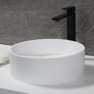 Solid Surface Corian Sink White Hidden Waste Round Acrylic Resin Stone Bathroom Sink K-S1235