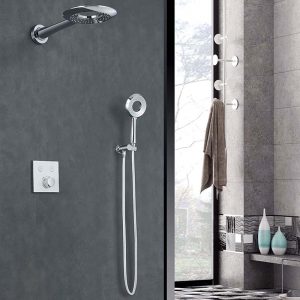 Thermostatic Bath Shower Mixer Set Bathroom Use Round Rainfall Shower With LED Light
